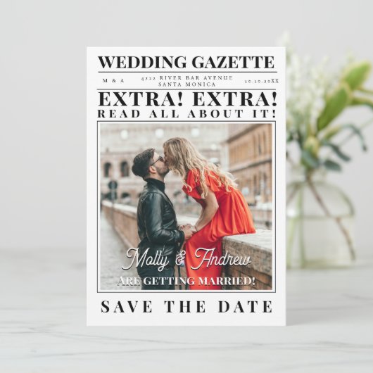 ヴィンテージ新聞カスタムの写真の日付を保存 招待状 (スタンド正面)