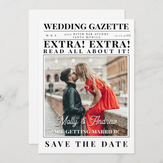 ヴィンテージ新聞カスタムの写真の日付を保存 招待状 (正面/裏面)