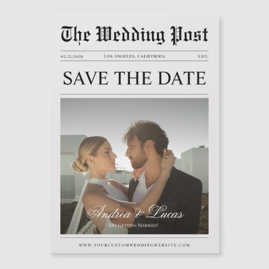ヴィンテージ新聞カスタム写真 Save the Date マグネット招待状 (正面)