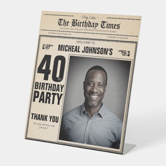 ヴィンテージ新聞カスタム40歳の誕生日へようこそ 台座サイン (正面)