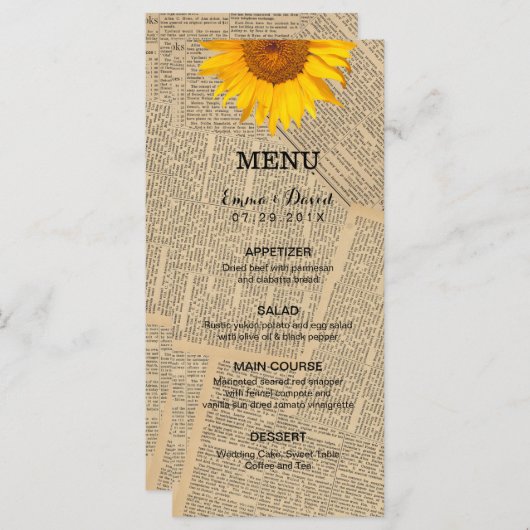 ヴィンテージ新聞カントリーひまわり結婚のメニュー メニュー (正面/裏面)