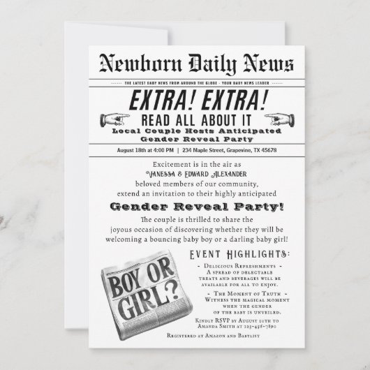 ヴィンテージ新聞ジェンダーリビールパーティの招待状 招待状 (正面)