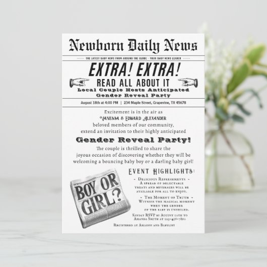 ヴィンテージ新聞ジェンダーリビールパーティの招待状 招待状 (スタンド正面)