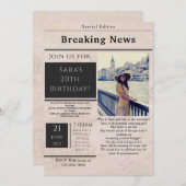 ヴィンテージ新聞スタイル写真誕生日招待状 招待状 (正面/裏面)