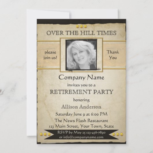 ヴィンテージ新聞スタイル写真退職招待状 招待状 (正面)