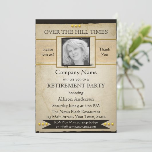ヴィンテージ新聞スタイル写真退職招待状 招待状 (スタンド正面)