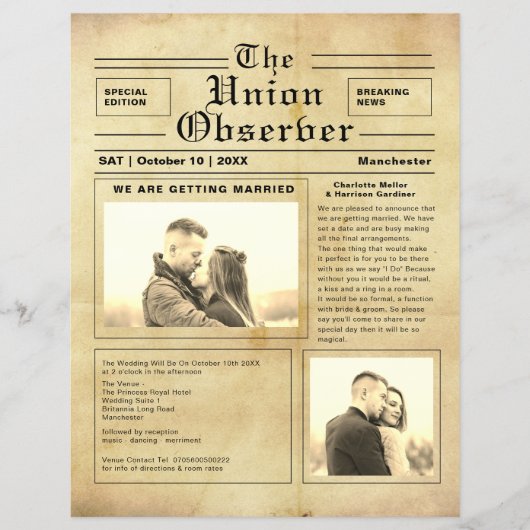 ヴィンテージ新聞スタイル結婚式招待状 チラシ (正面)