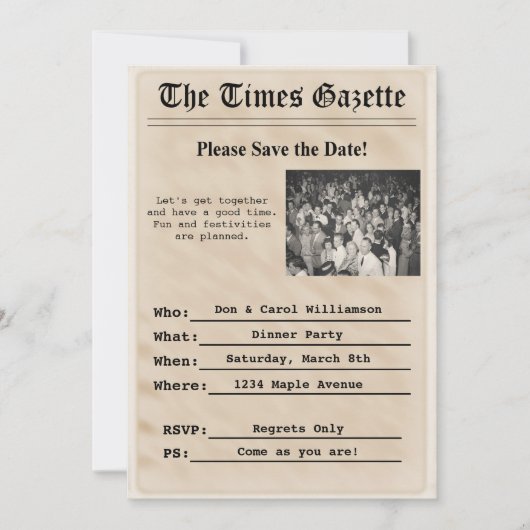 ヴィンテージ新聞パーティーの招待状 招待状 (正面)