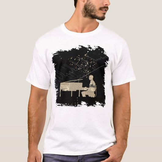 ヴィンテージ新聞ピアノプレーヤー音楽ノート Tシャツ (正面)