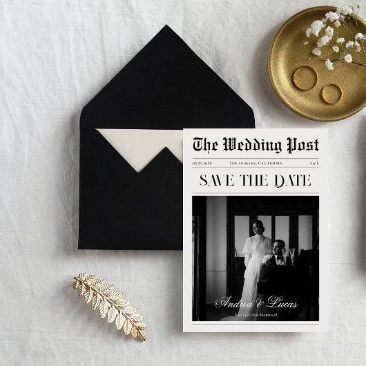 ヴィンテージ新聞フォトウェディング日付を保存 招待状