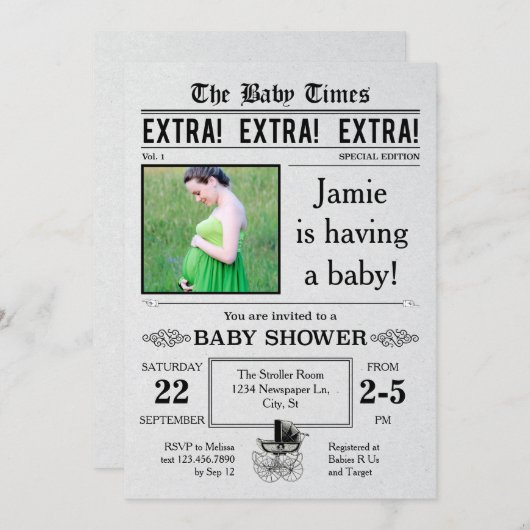 ヴィンテージ新聞ベビーシャワー招待状 招待状 (正面/裏面)