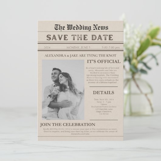 ヴィンテージ新聞写真おもしろい結婚式招待状 招待状 (スタンド正面)