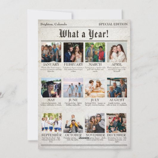 ヴィンテージ新聞家族クリスマスフォトコラージュ シーズンカード (裏面)