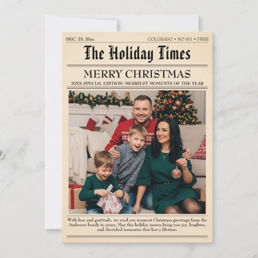 ヴィンテージ新聞家族クリスマスフォトコラージュ シーズンカード (正面)