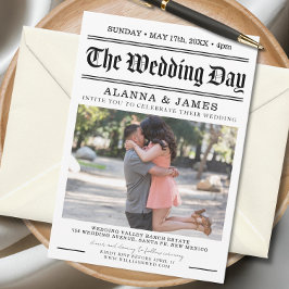 ヴィンテージ新聞見出しの黒と白の結婚式 招待状