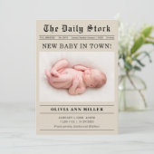 ヴィンテージ新聞風の出産報告カード 案内状 (スタンド正面)