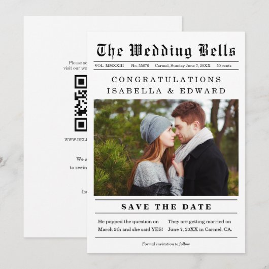 ヴィンテージ新聞風結婚式の招待状(Save the Date)QRコード付き セーブザデート (正面/裏面)