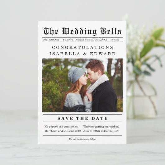 ヴィンテージ新聞風結婚式のSave the Date QRコード セーブザデート (スタンド正面)