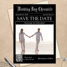 ヴィンテージ新聞風結婚式QRコードSave the Date セーブザデート