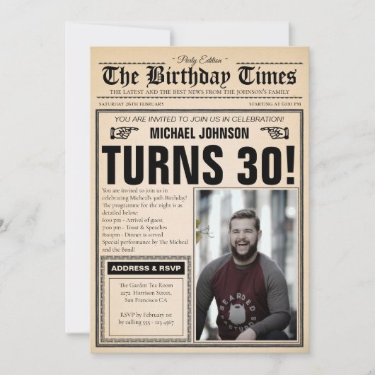 ヴィンテージ新聞30歳の誕生日おもしろいカスタム写真 招待状 (正面)