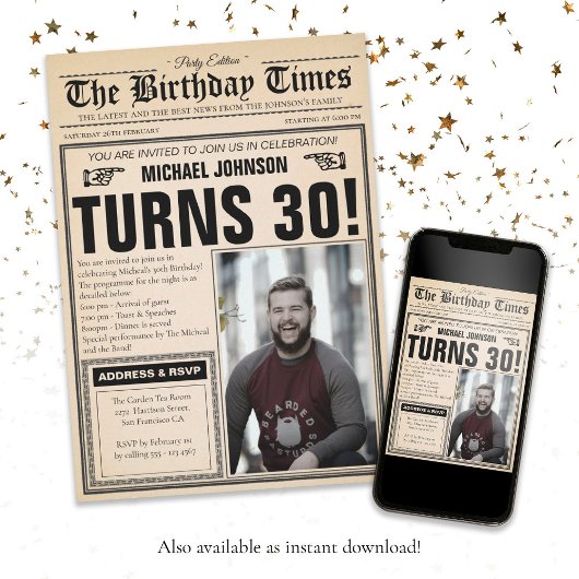 ヴィンテージ新聞30歳の誕生日おもしろいカスタム写真 招待状