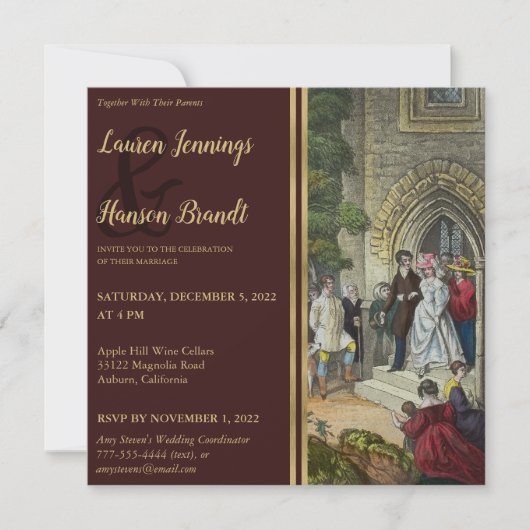 ヴィンテージ新郎新婦アート結婚式招待状 招待状 (正面)