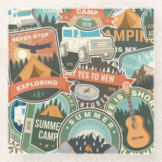 ヴィンテージ旅行エクスプローラーパターン ガラスコースター (正面)