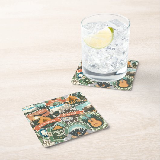 ヴィンテージ旅行エクスプローラーパターン スクエアペーパーコースター (インサイチュ)