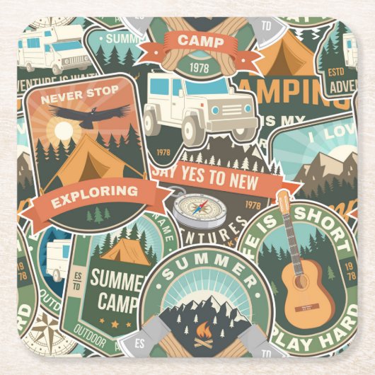 ヴィンテージ旅行エクスプローラーパターン スクエアペーパーコースター (正面)