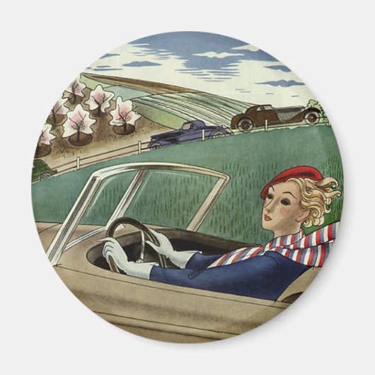 ヴィンテージ旅行エレガント、コンバーチブルカーの女性 マグネット (正面)
