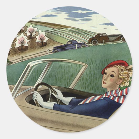 ヴィンテージ旅行エレガント、コンバーチブルカーの女性 ラウンドシール (正面)