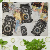 ヴィンテージ旅行カメラパターン キッチンタオル (折り畳み)