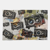 ヴィンテージ旅行カメラパターン キッチンタオル (横)