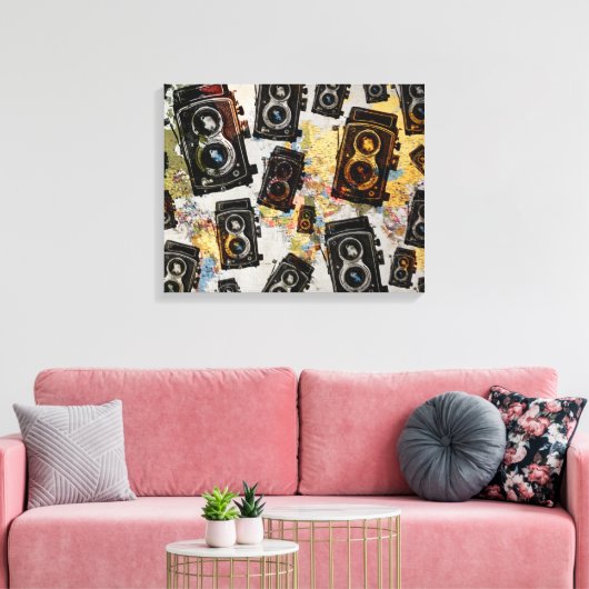 ヴィンテージ旅行カメラパターン キャンバスプリント (インサイチュ (リビング))