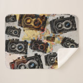 ヴィンテージ旅行カメラパターン シェルパブランケット (正面(横))