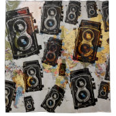 ヴィンテージ旅行カメラパターン シャワーカーテン (正面)