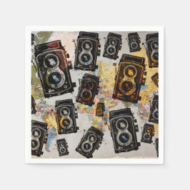 ヴィンテージ旅行カメラパターン スタンダードカクテルナプキン