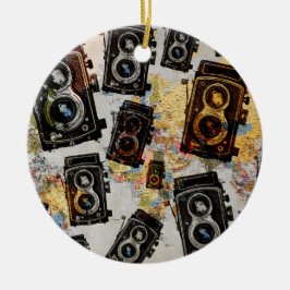 ヴィンテージ旅行カメラパターン セラミックオーナメント