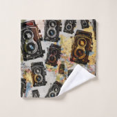 ヴィンテージ旅行カメラパターン バスタオルセット (ウォッシュタオル)