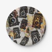 ヴィンテージ旅行カメラパターン ペーパープレート (正面)