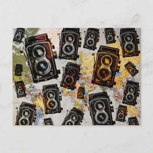 ヴィンテージ旅行カメラパターン ポストカード (正面)