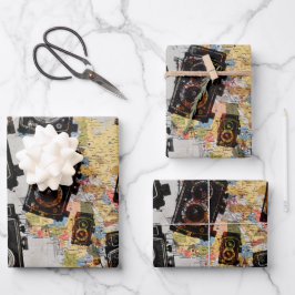 ヴィンテージ旅行カメラパターン ラッピングペーパーシート