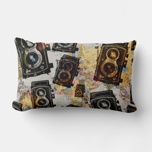 ヴィンテージ旅行カメラパターン ランバークッション (正面)