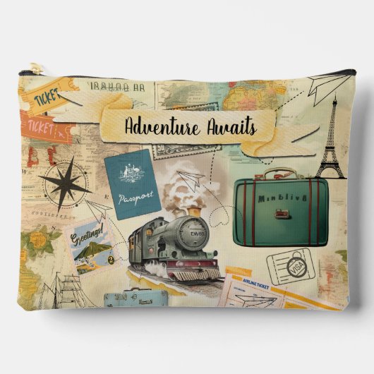 ヴィンテージ旅行コラージュ大 アクセサリーポーチ (正面)