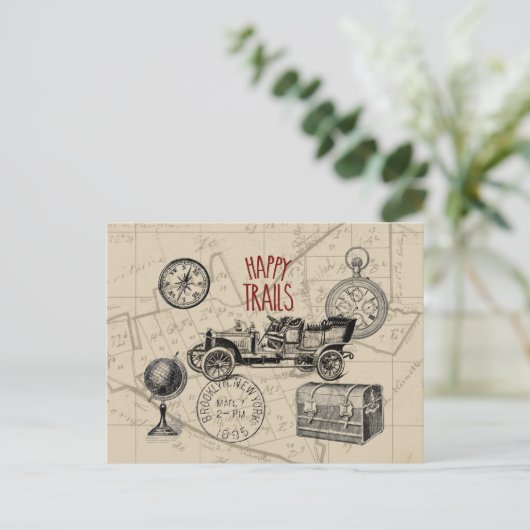 ヴィンテージ旅行コラージュ、アンティーク車ロードトリップ ポストカード (スタンド正面)