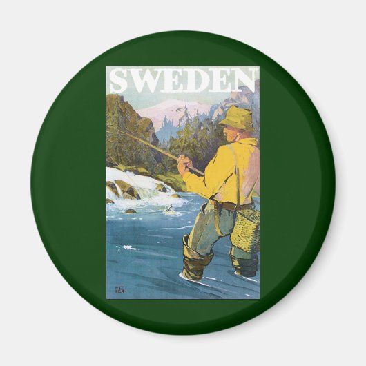 ヴィンテージ旅行スウェーデン、フィッシャーマンスポーツ魚釣り マグネット (正面)