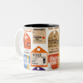 ヴィンテージ旅行チケットパターン。 ツートーンマグカップ (正面左)