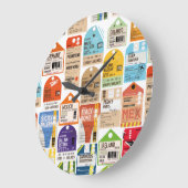 ヴィンテージ旅行チケットパターン。荷物タグネックt ラージ壁時計 (傾斜)