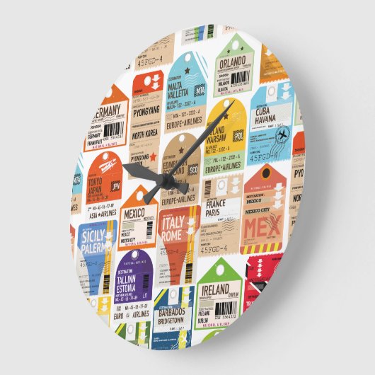ヴィンテージ旅行チケットパターン。荷物タグネックt ラージ壁時計 (傾斜)