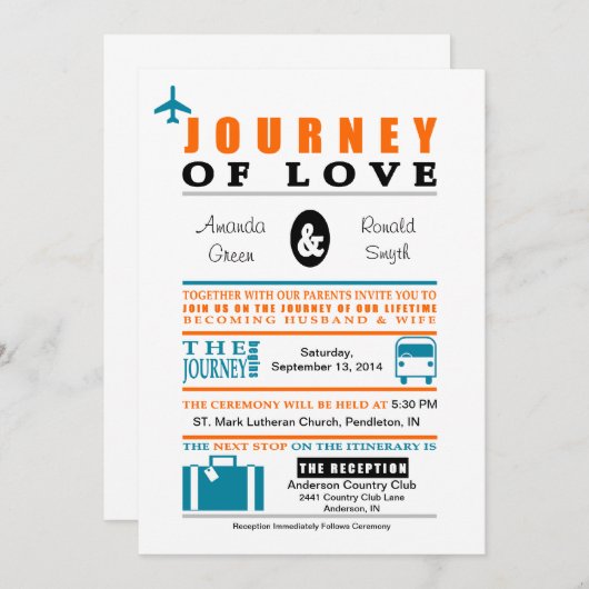 ヴィンテージ旅行テーマの招待状-ティール（緑がかった色）及びオレンジ 招待状 (正面/裏面)